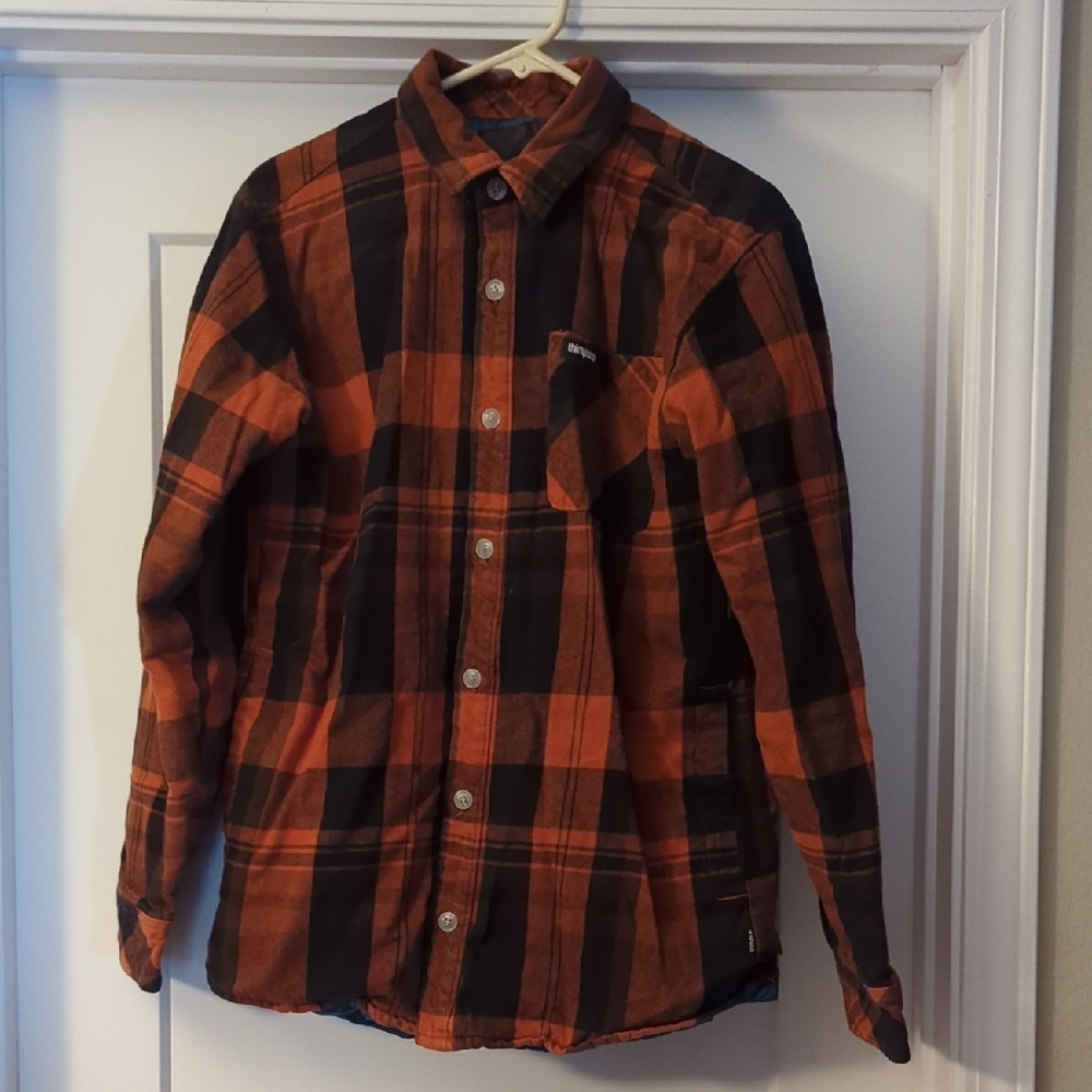 Orange and Black Casual Button Down Shirt with Plaid Design